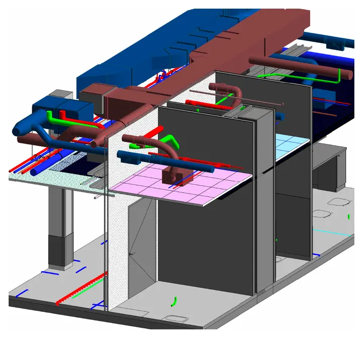 Couloir en 3D : gaines, canalisations et faux plafond