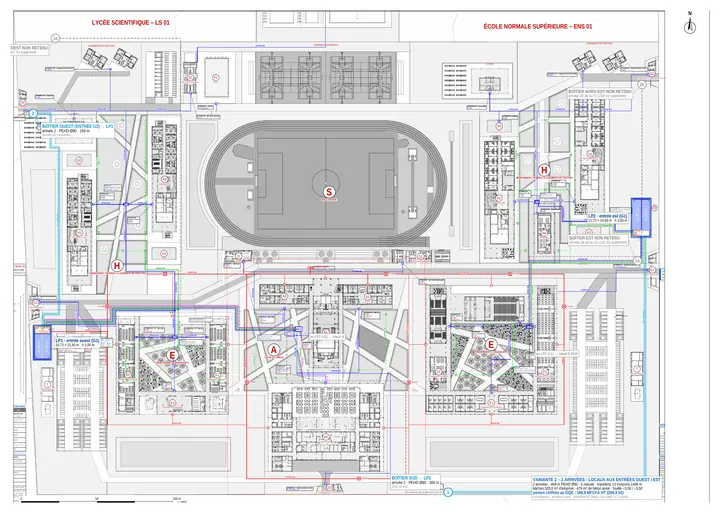 Plan de masse du campus et tracé des réseaux d'eau