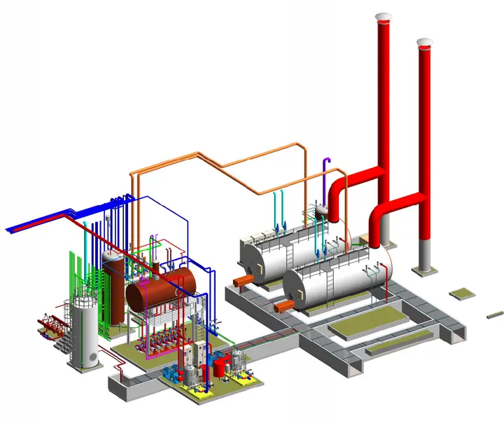 Vue 3D de la chaufferie vapeur et de ses réseaux