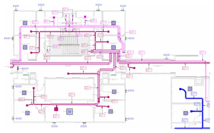 Plan des réseaux aérauliques d'un étage de l'hôpital